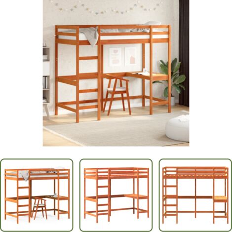 vidaXL Letto con scrivania -  Letto Soppalco con Scrivania Marrone Cera 90x200 cm Legno Pino