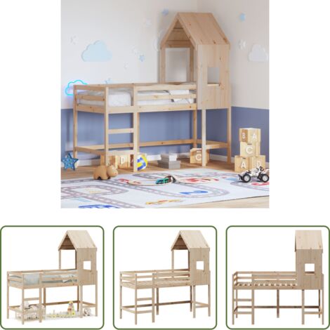 vidaXL Letto con tetto -  Letto Soppalco con Scala e Tetto 80x200 cm Legno Massello Pino