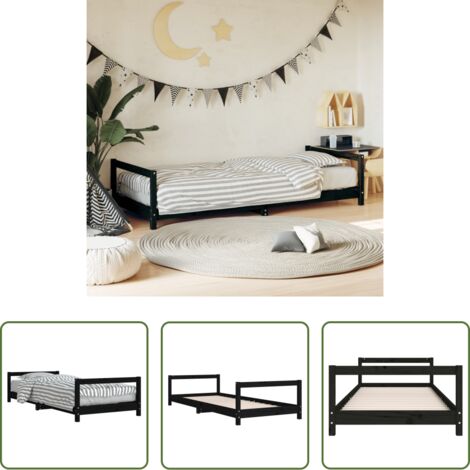 vidaXL Letto in legno -  Giroletto per Bambini Nero 90x200 cm in Legno Massello di Pino