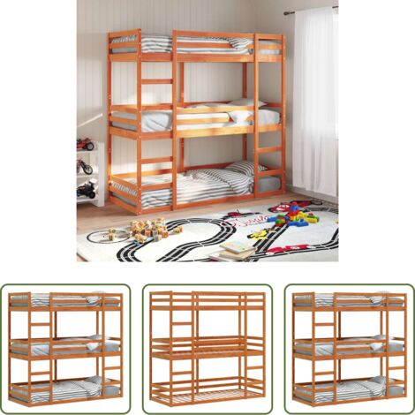 vidaXL Letto in legno -  Letto Castello Triplo Marrone Cera 90x200cm Legno Massello Pino