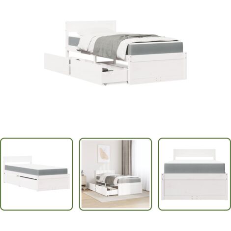 vidaXL Letto in legno massello -  Letto Cassetti e Materasso Bianco 100x200cm Legno Massello Pino