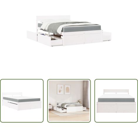 vidaXL Letto in legno massello -  Letto Cassetti e Materasso Bianco 140x190cm Legno Massello Pino
