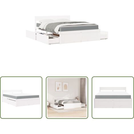 vidaXL Letto in legno massello -  Letto Cassetti e Materasso Bianco 160x200cm Legno Massello Pino
