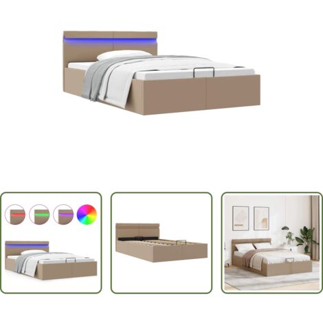 vidaXL Letto matrimoniale -  Giroletto Idraulico con LED Cappuccino Similpelle 140x200cm