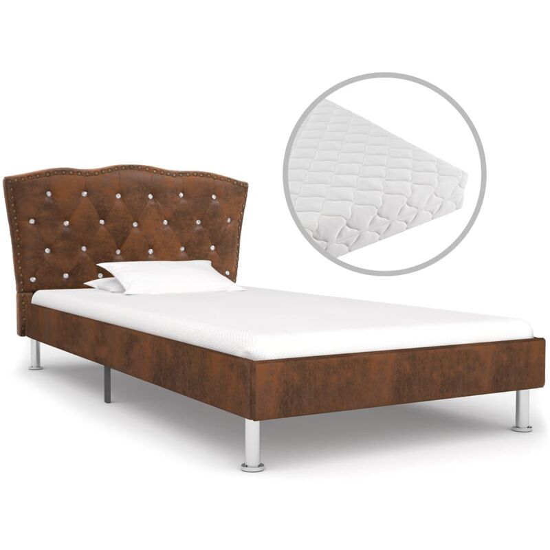 Lit avec Matelas Tissu Marron 90x200 cm