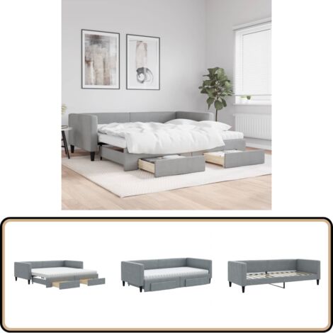 vidaXL Lit de jour avec gigogne et tiroirs gris clair 100x200 cm tissu