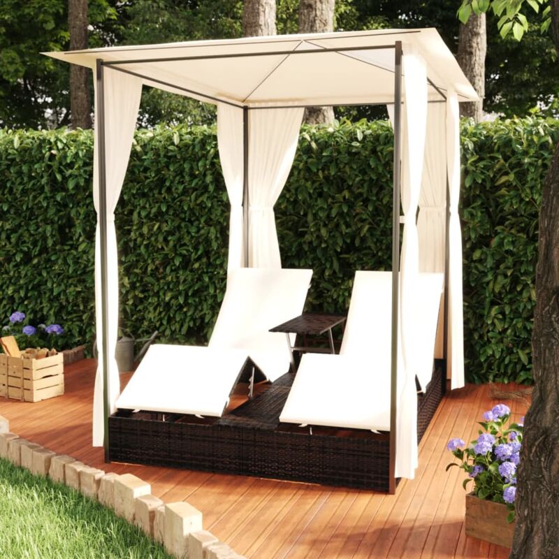 Vidaxl - Chaise longue double avec rideaux Résine tressée Marron