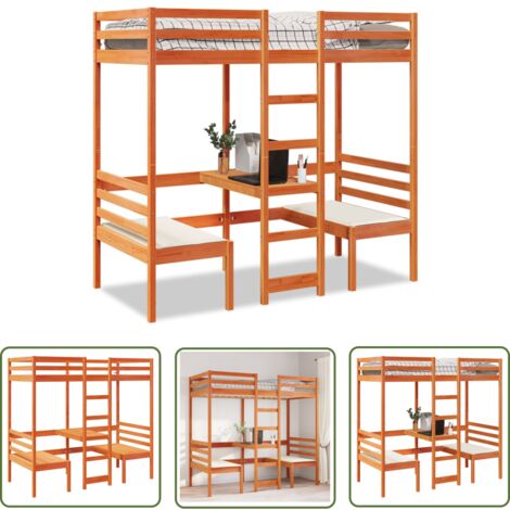 vidaXL Lit mezzanine avec bureau et chaises brun cire 90x190 cm pin