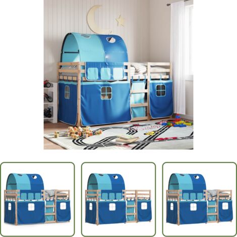 vidaXL Litera con cortinas -  Litera con cortinas madera maciza de pino azul 90x190 cm