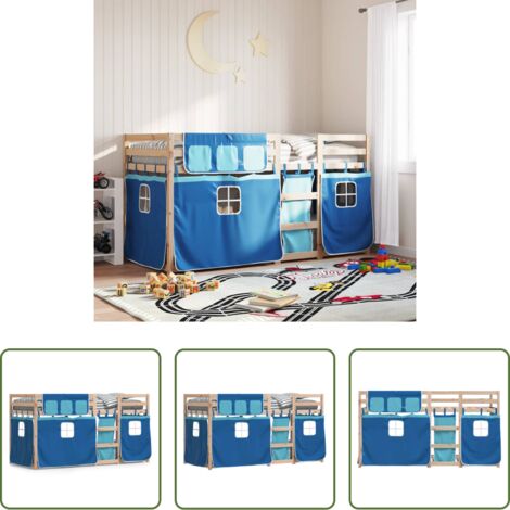 vidaXL Litera con cortinas -  Litera con cortinas madera maciza de pino azul 90x190 cm
