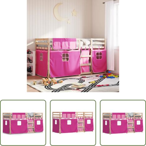 vidaXL Litera con cortinas -  Litera con cortinas madera maciza de pino rosa 80x200 cm