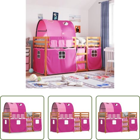 vidaXL Litera con cortinas -  Litera con cortinas madera maciza de pino rosa 90x200 cm