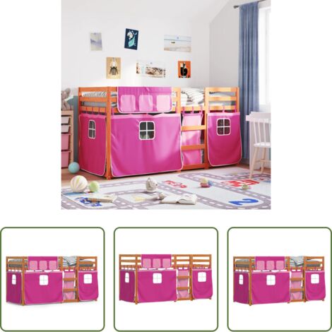 vidaXL Litera con cortinas -  Litera con cortinas madera maciza de pino rosa 90x200 cm