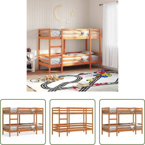 vidaXL Litera de madera maciza -  Litera de madera maciza de pino marrón cera 90x190 cm
