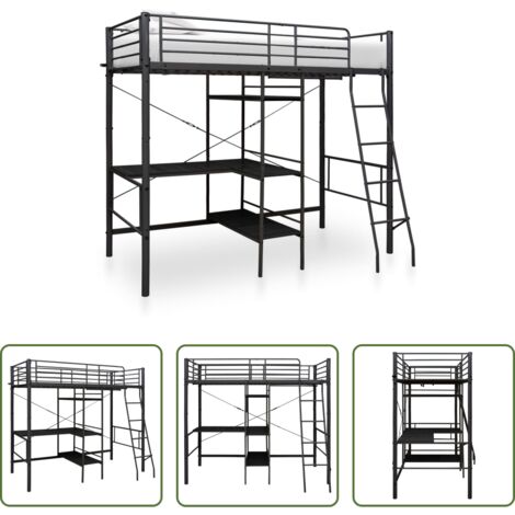 vidaXL Litera para niños -  Estructura de litera con mesa de metal negro 90x200 cm