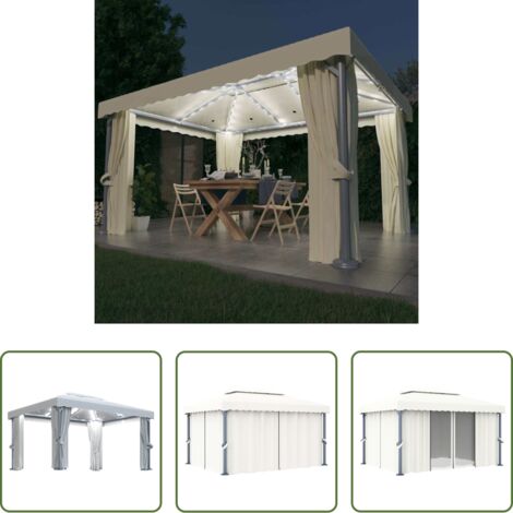 vidaXL Luces LED -  Cenador con cortina y tira de luces LED aluminio crema 4x3 m