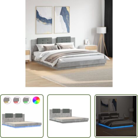 vidaXL Luces LED -  Estructura de cama cabecero luces LED gris hormigón 200x200 cm