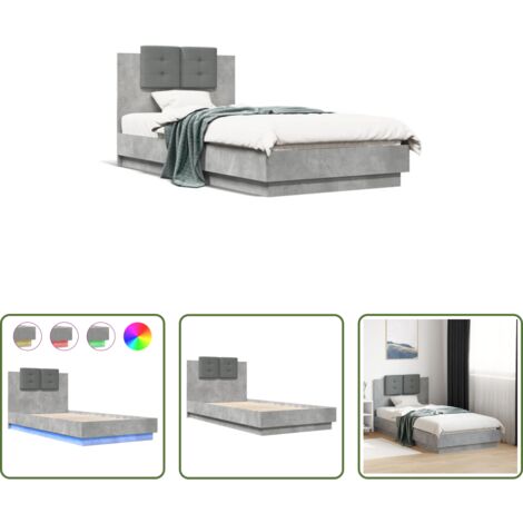 vidaXL Luces LED -  Estructura de cama cabecero luces LED gris hormigón 75x190 cm