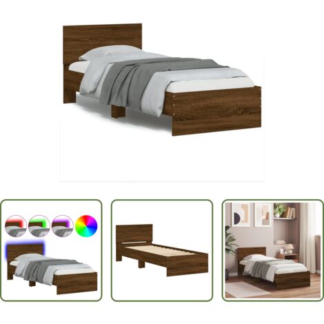 vidaXL Luces LED -  Estructura de cama cabecero luces LED marrón roble 75x190 cm