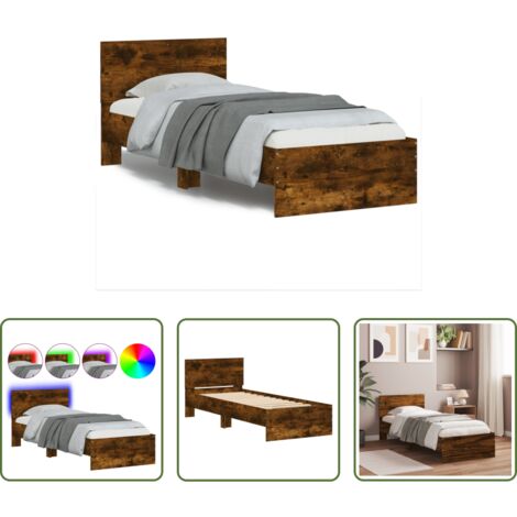 vidaXL Luces LED -  Estructura de cama cabecero luces LED roble ahumado 75x190 cm