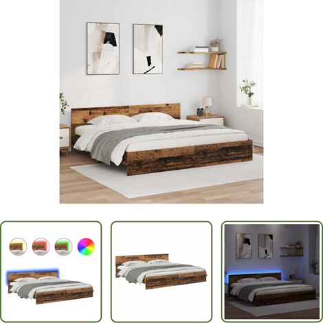 vidaXL Luces LED -  Estructura de cama con cabecera Madera Vieja 200 x 200 cm