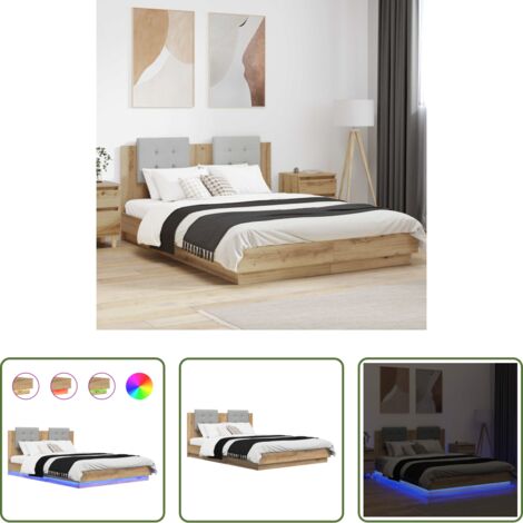 vidaXL Luces LED -  Estructura de cama con cabecero Roble artesanal 160 x 200 cm