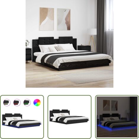 vidaXL Luces LED -  Estructura de cama con cabecero Roble Negro 180 x 200 cm