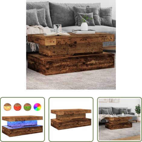 vidaXL Luces LED RGB -  Mesa de centro con luces LED madera envejecida 90x50x40 cm