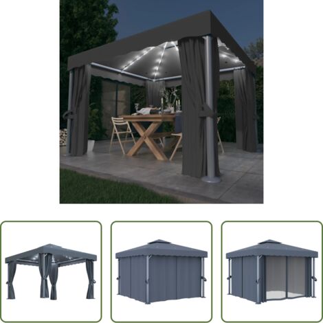 vidaXL Luces solares -  Cenador con cortina y tira de luces aluminio antracita 3x3 m