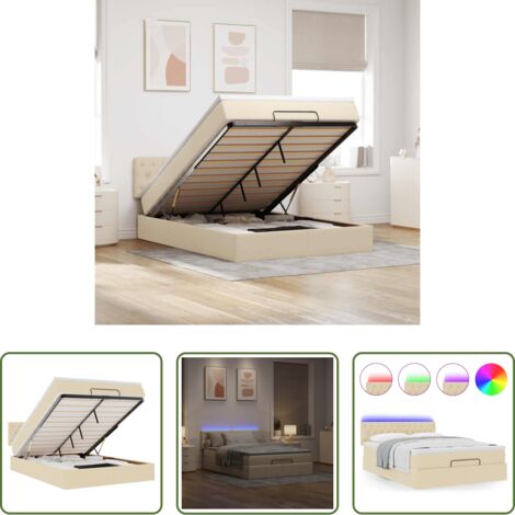 vidaXL Luci a LED -  Pouf Letto con Materasso e LED Crema 140x200 cm in Tessuto