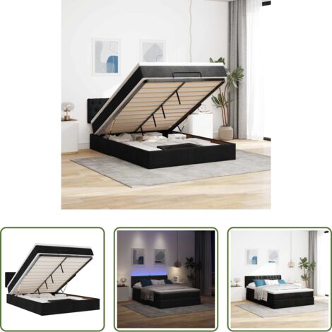 vidaXL Luci a LED -  Pouf Letto con Materasso e LED Nero 140x200 cm in Tessuto