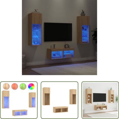 vidaXL Luci LED RGB -  Mobili TV a Muro 4pz con Luci LED Rovere Sonoma