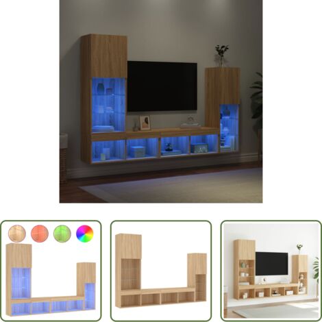 vidaXL Luci LED RGB -  Mobili TV a Muro con LED 4pz Rovere Sonoma Legno Multistrato