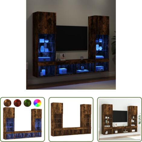 vidaXL Luci LED RGB -  Mobili TV a Muro con LED 5pz Rovere Fumo in Legno Multistrato