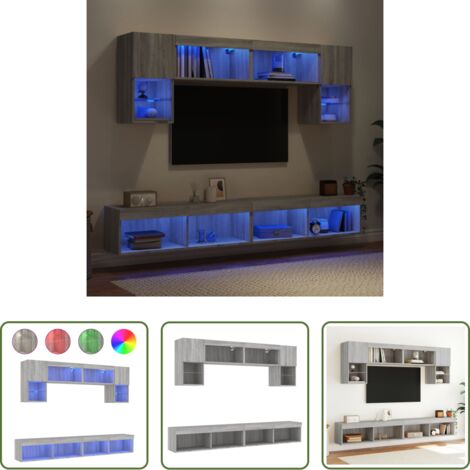 vidaXL Luci LED RGB -  Mobili TV a Muro con LED 6pz Grigio Sonoma Legno Multistrato