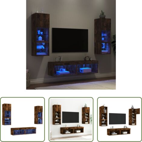 vidaXL Luci LED RGB -  Mobili TV a Muro con LED 6pz Rovere Fumo in Legno Multistrato