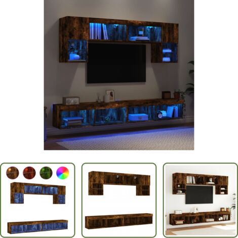 vidaXL Luci LED RGB -  Mobili TV a Muro con LED 6pz Rovere Fumo in Legno Multistrato
