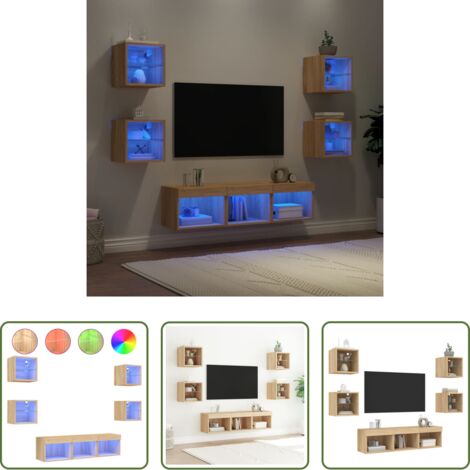 vidaXL Luci LED RGB -  Mobili TV a Muro con LED 7pz Rovere Sonoma Legno Multistrato