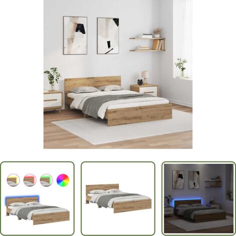 vidaXL Luci LED -  Struttura del letto Rovere artigianale 135 x 190 cm
