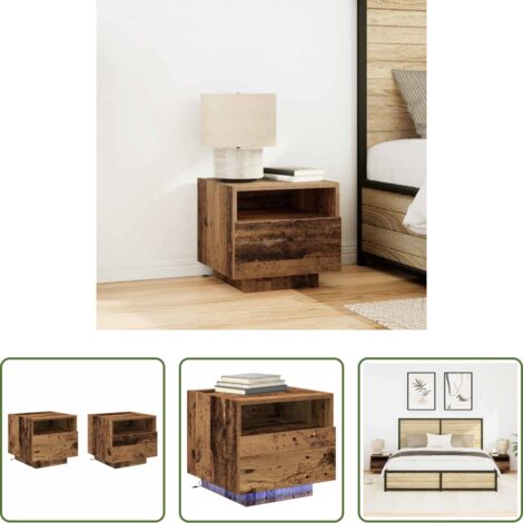 vidaXL Luz LED -  Armario de Noche con cajón 2 pcs Madera vieja 40 x 39 x 37 cm