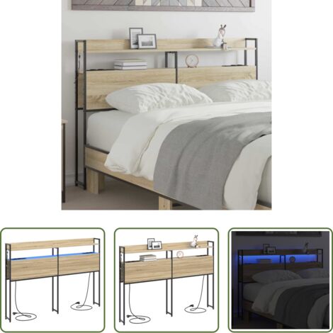 vidaXL Luz led -  Cabecero con almacenamiento con estante Roble Sonoma 150 cm