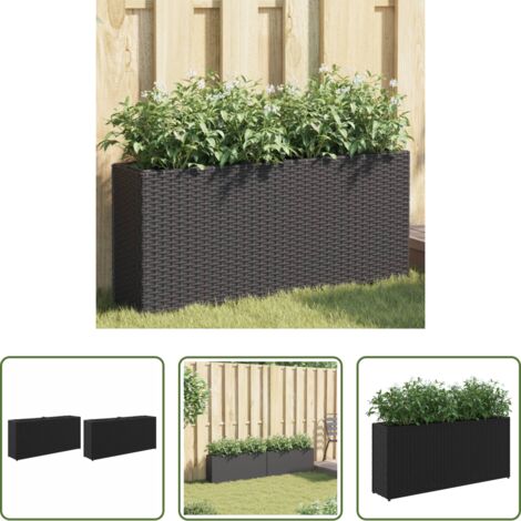 vidaXL Macetas -  Jardineras con 2 maceteros 2 uds ratán PE negro 90x20x40 cm
