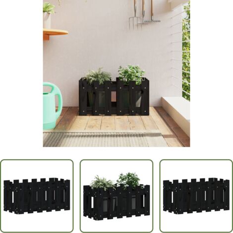vidaXL Macetero para jardín -  Jardinera diseño de valla madera maciza pino negra 60x30x30 cm