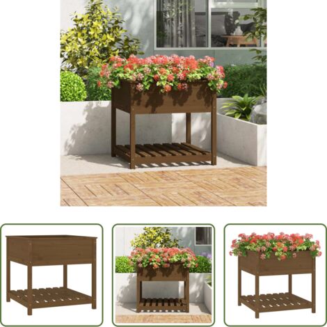 vidaXL Macetero para plantas -  Jardinera con estante madera maciza pino marrón 82,5x82,5x81 cm