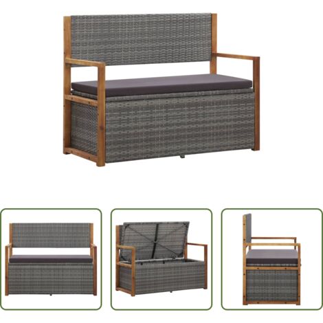 vidaXL Madera acacia -  Banco de almacenaje ratán sintético madera acacia gris 115 cm