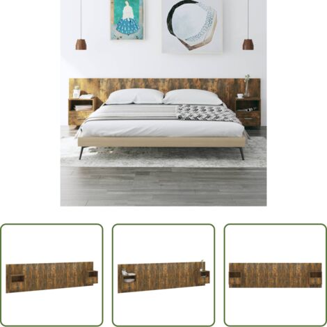 vidaXL Madera contrachapada -  Cabecero de cama con mesitas madera contrachapada roble ahumado