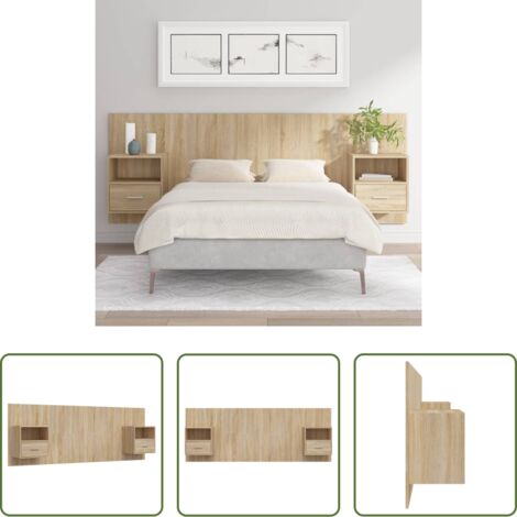 vidaXL Madera contrachapada -  Cabecero de cama con mesitas madera contrachapada roble Sonoma