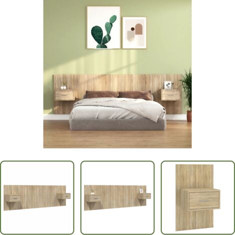 vidaXL Madera contrachapada -  Cabecero de cama con mesitas madera contrachapada roble Sonoma