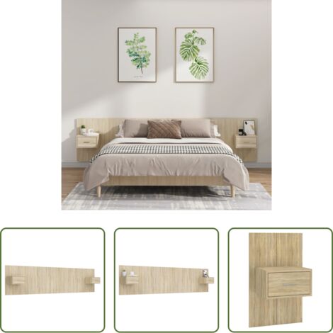 vidaXL Madera contrachapada -  Cabecero de cama con mesitas madera contrachapada roble Sonoma