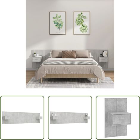 vidaXL Madera contrachapada -  Cabecero de cama y mesitas madera contrachapada gris hormigón